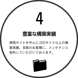 4 豊富な構築実績 病院サイトを中心に200サイト以上の構築実績。多数のお客様に、メンテナンス契約していただいております。 